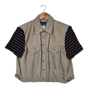 VTG John Roberts Cropped Top sz 10 Tan Button Front Short Contrast Knit Sleeve